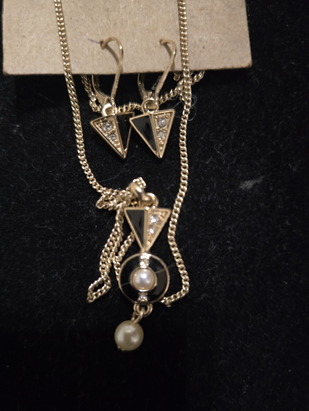 Gold-Tone Triangle Pearl Pendant Necklace and Earring Set